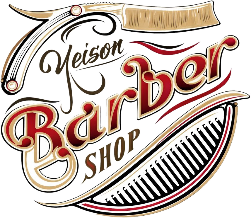 Logotipo de Yeison Barber Shop: navaja, peine y letras de rotulista en rojo y oro