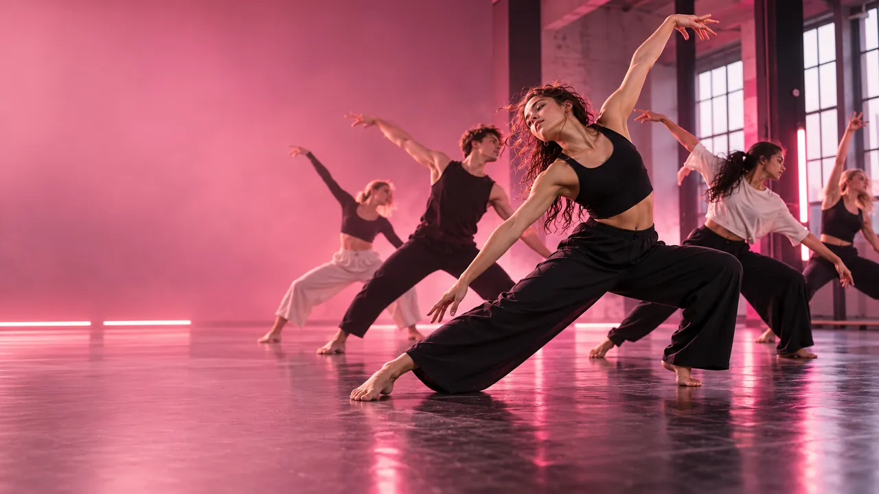 Bailarines de danza contemporánea con ropa negra en un estudio iluminado en rosa
