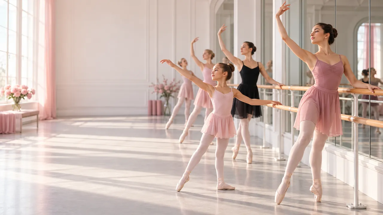 Niña y bailarinas adultas en la barra de ballet de un estudio luminoso con espejos