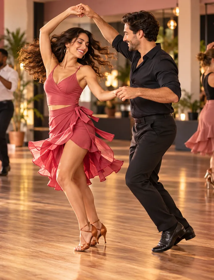 Pareja bailando en una sala con luz cálida, ella con vestido rosa que vuela al girar