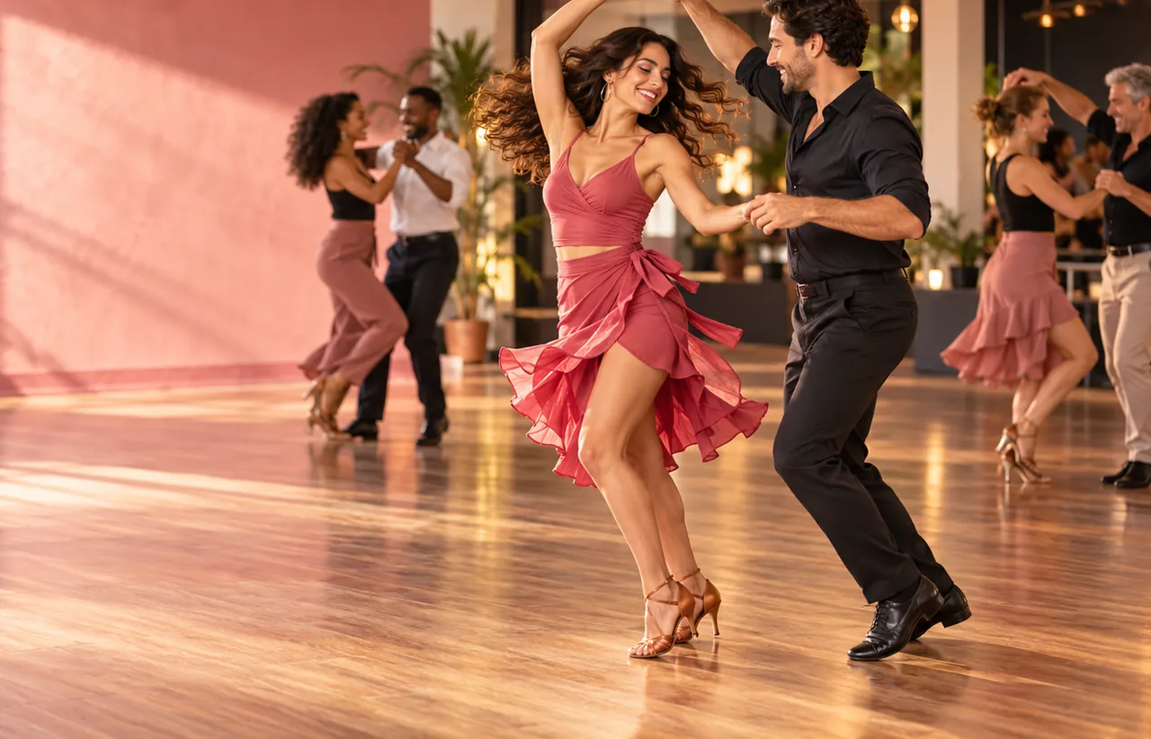 Pareja bailando en una sala con luz cálida, ella con vestido rosa que vuela al girar
