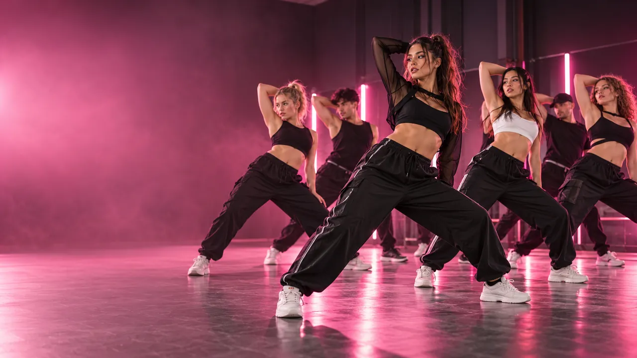 Grupo bailando una coreografía comercial sincronizada con luces de neón rosas