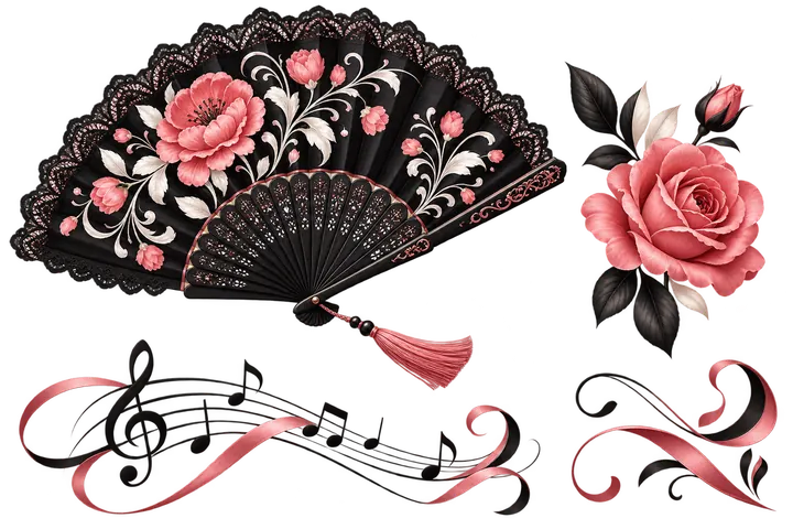 Abanico flamenco con flor y notas musicales