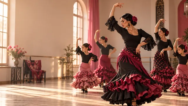 Profesora y alumnas de varias edades bailando flamenco con bata de volantes en una sala luminosa