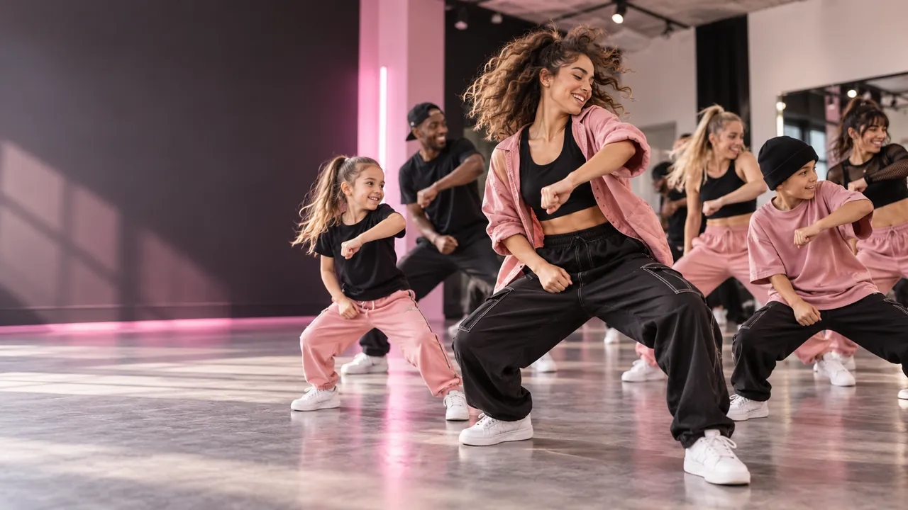 Grupo de niños y adultos bailando funky con ropa urbana rosa y negra en un estudio