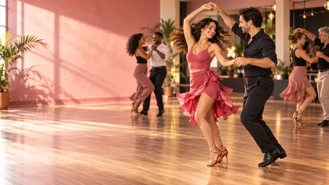 Pareja bailando salsa en una sala de baile con suelo de madera y luz cálida