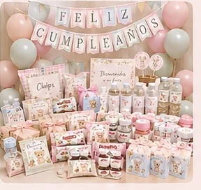 Kit de fiesta Luxury montado con globos y mesa dulce