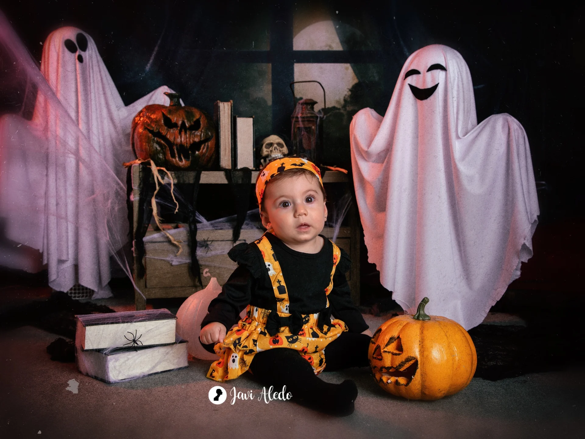 Niño disfrazado entre fantasmas y calabazas
