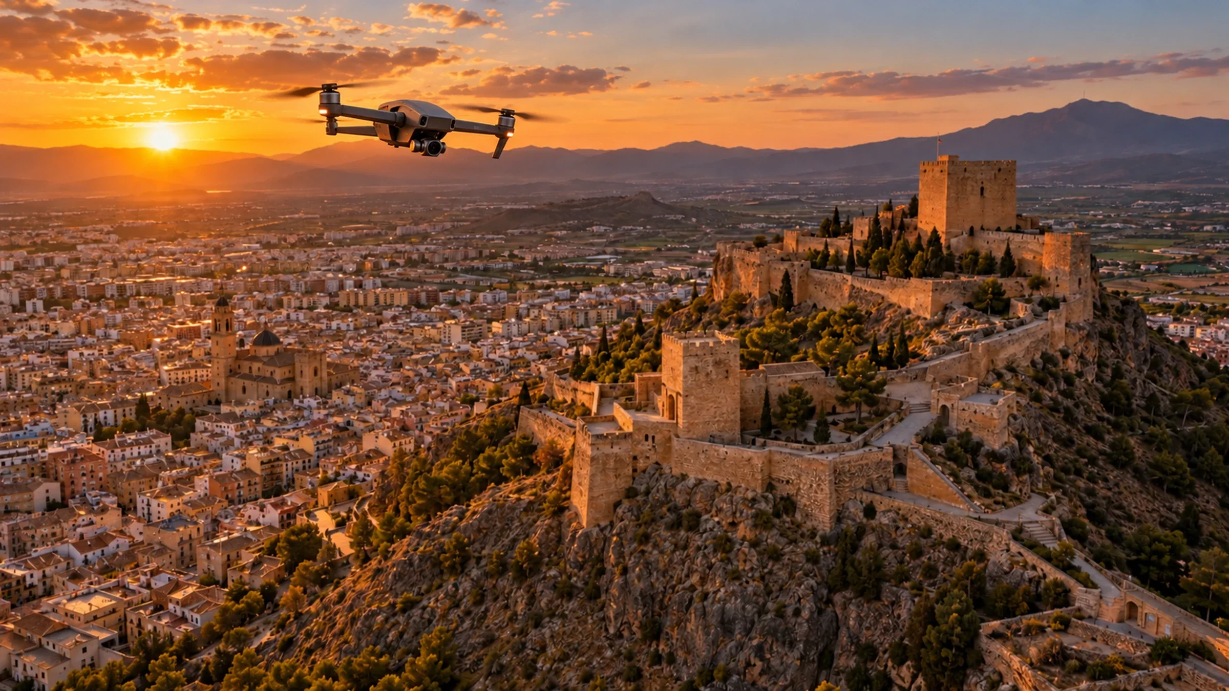 Dron sobrevolando el castillo de Lorca al atardecer