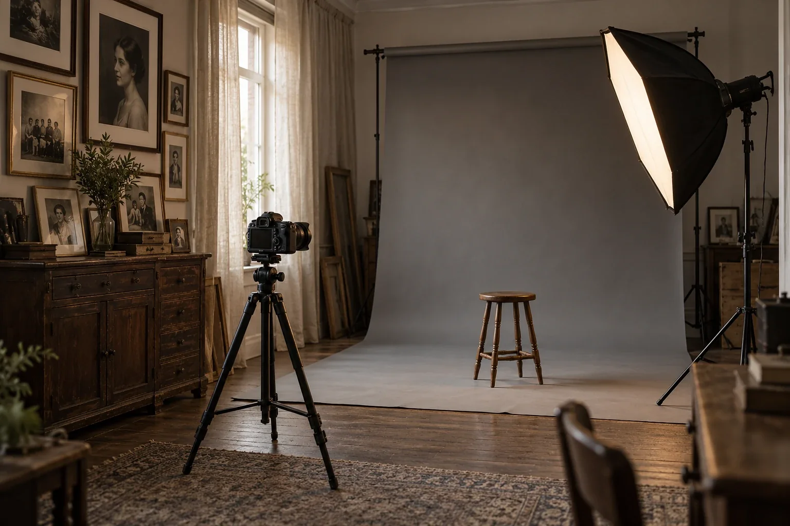 Plató de estudio fotográfico con fondo gris, foco y cámara en trípode
