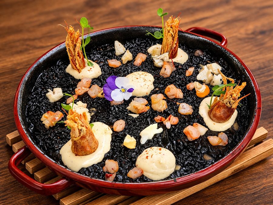 Arroz negro de gamba roja, vieira a la brasa y mayonesa de kimchee