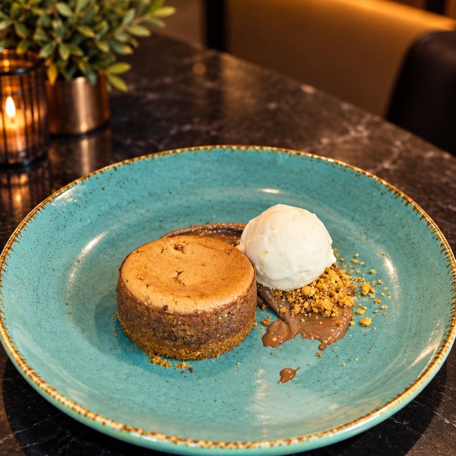 Postre servido en cerámica artesana